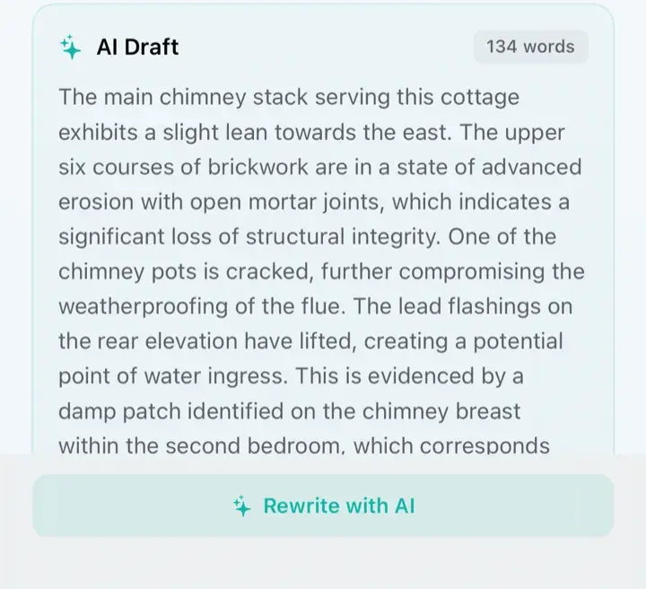 The AI draft for the chimney stacks section on iPhone, a paragraph of report prose written from the site notes