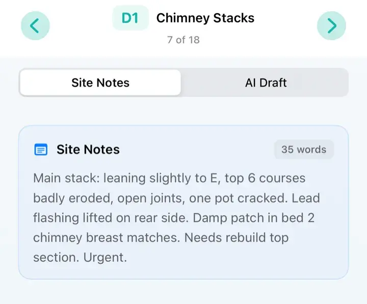Dictated site notes for the chimney stacks section in the iPhone app, 35 words describing an eroded, leaning stack