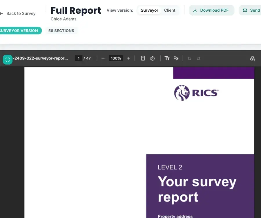 A finished Level 2 survey report open in the web PDF preview, with download and send by email buttons