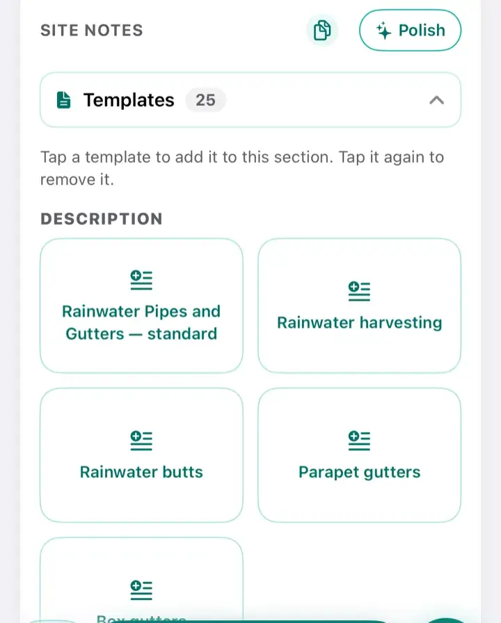 The template picker for rainwater pipes and gutters on iPhone, offering standard, rainwater harvesting, butts and parapet gutter paragraphs