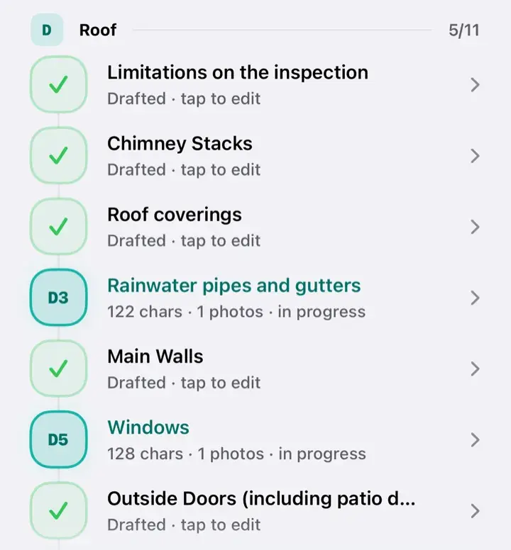 The roof sections of a survey on iPhone, most ticked as drafted and two still in progress