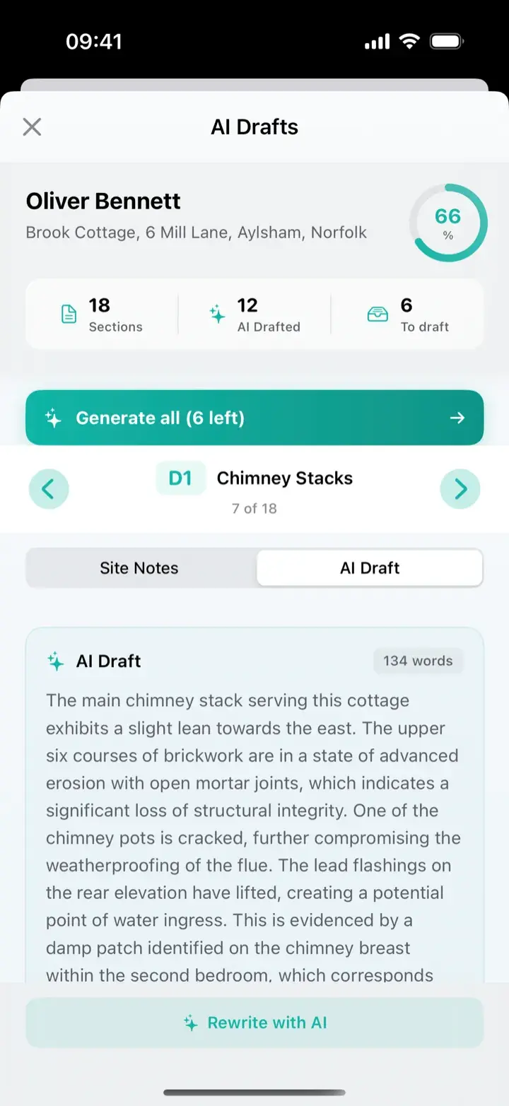 The iPhone app showing the AI draft for the chimney stacks section, a full paragraph of report prose written from the site notes