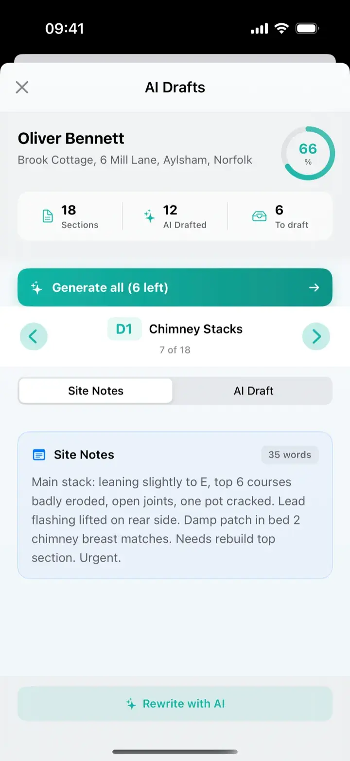 The iPhone app's AI drafts screen for the same survey, showing the chimney stacks site notes ready to be written up, with 12 of 18 sections already drafted