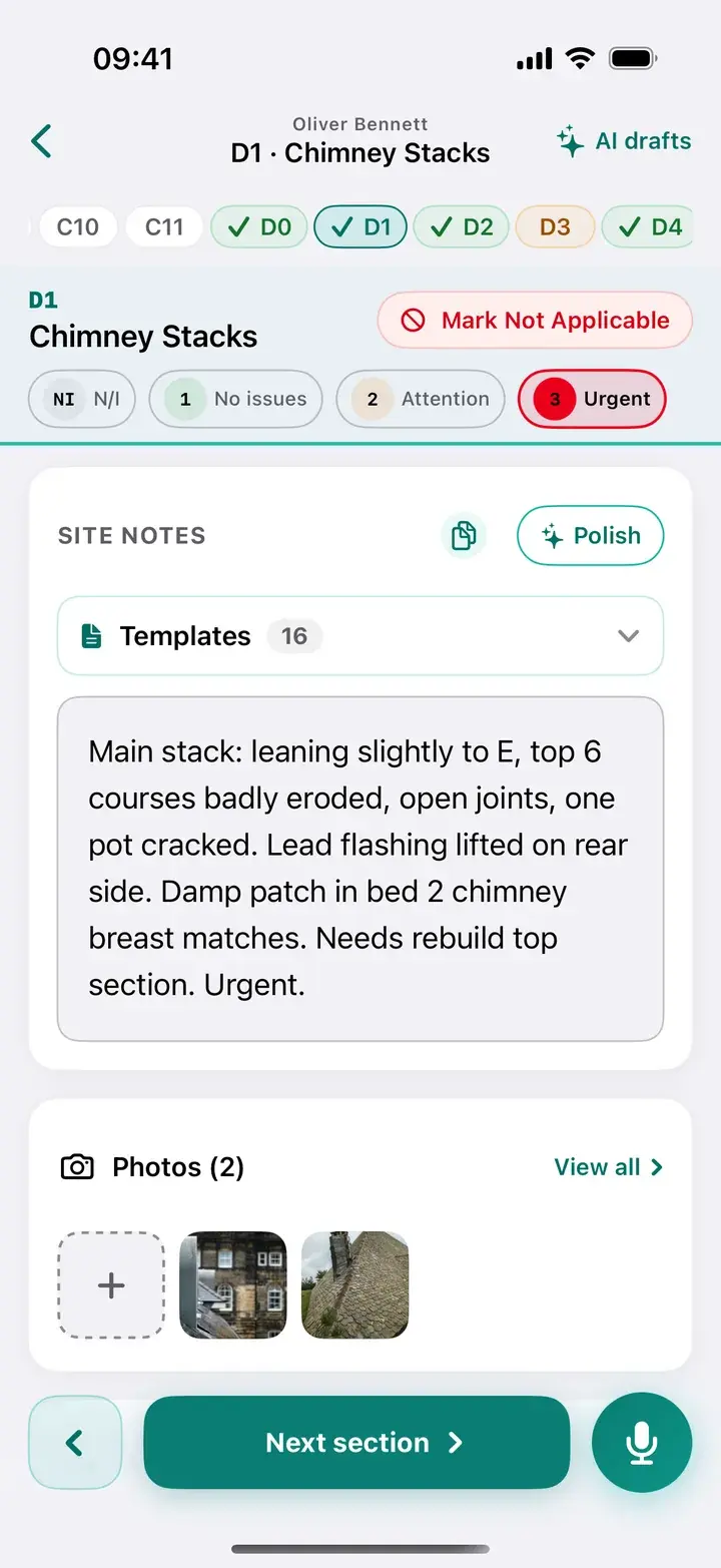 The PropScribe iPhone app on the chimney stacks section, with condition rating 3 selected, dictated site notes, two site photos and the microphone button