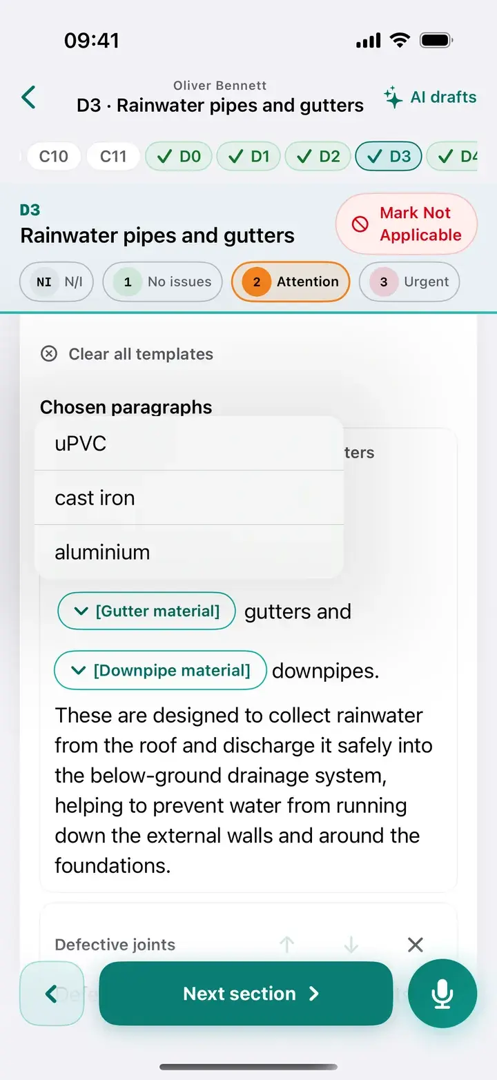 The iPhone app filling in a rainwater goods template paragraph, with a picker offering uPVC, cast iron or aluminium for the gutter material