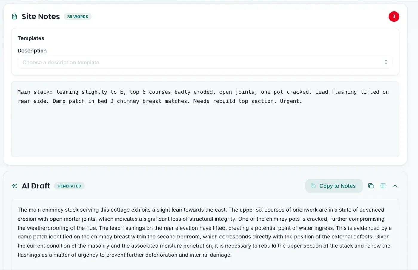 The web section editor for chimney stacks, with the surveyor's rough site notes at the top and the AI draft written from them below
